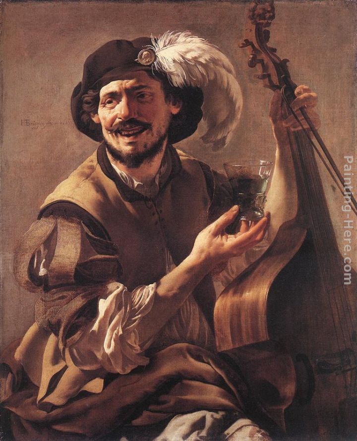 A Laughing Bravo with a Bass Viol and a Glass painting - Hendrick Terbrugghen A Laughing Bravo with a Bass Viol and a Glass art painting